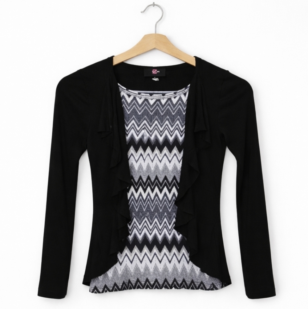 IZ Byer Girl Black Chevron 2 Layer Top Ruffle Trendy Youth Sz Med